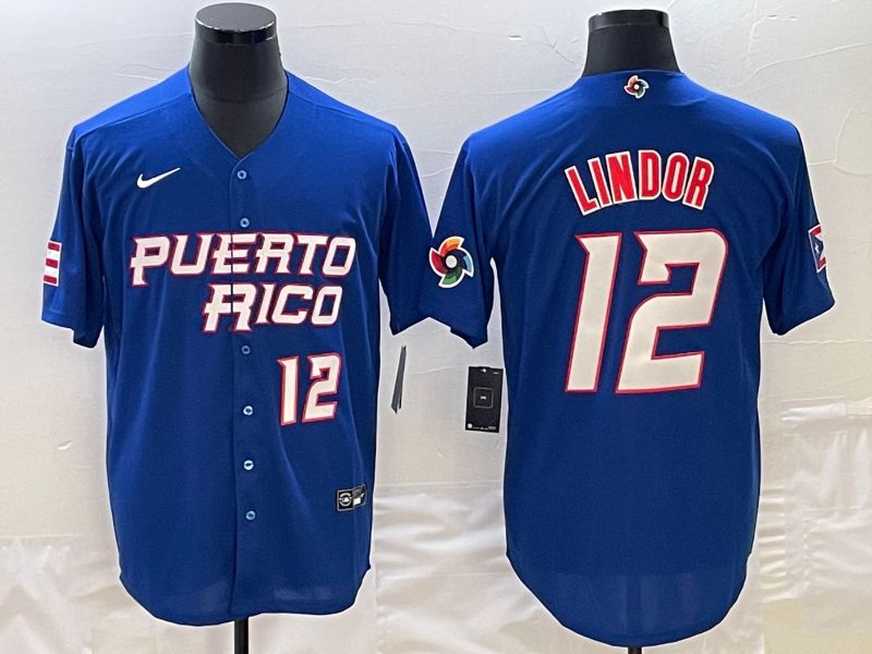Men 2023 World Cub Puerto Rico #12 Lindor Blue Nike MLB Jersey10->->MLB Jersey